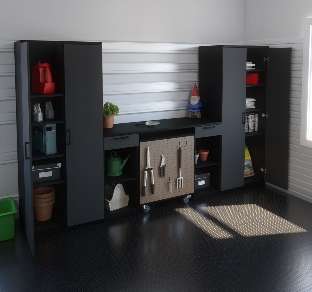 Garage storage system with two large storage cabinets and a workbench