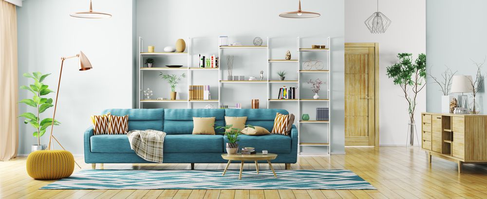 Salon moderne avec canapé bleu