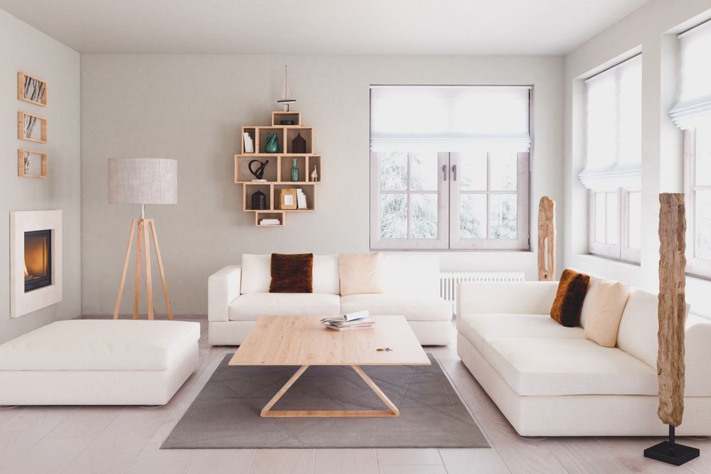 Minimalist living room with asymmetrical shelving unit