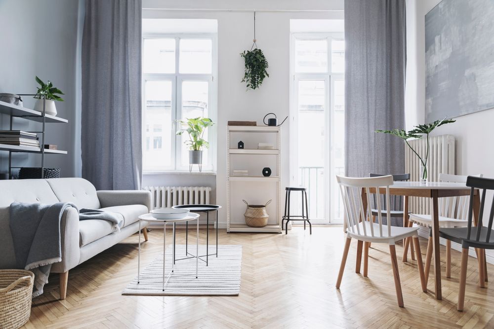 minimalist living room with grey curtains