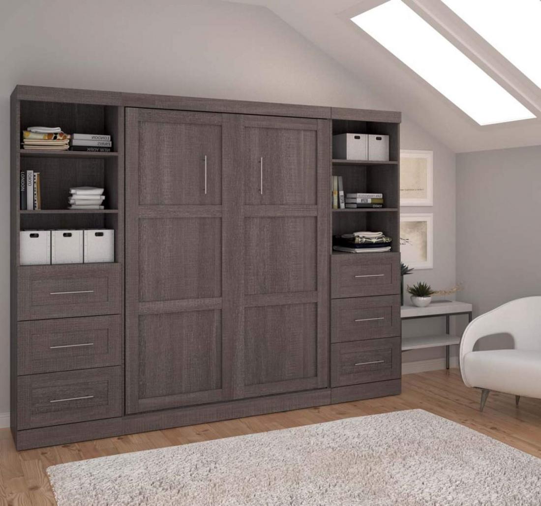 grey wall bed with storage cabinets