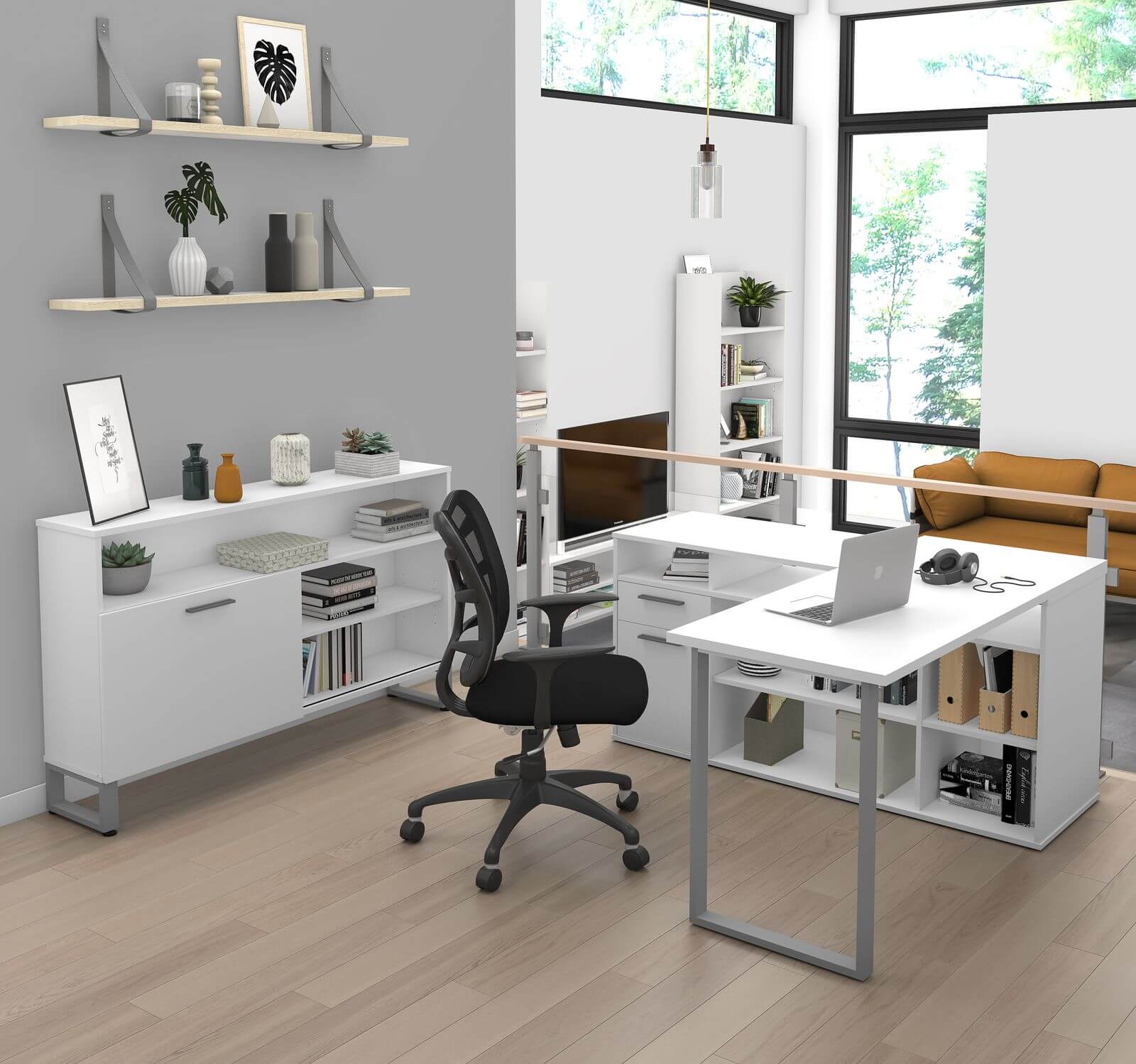 Bestar L-shaped desk with credenza