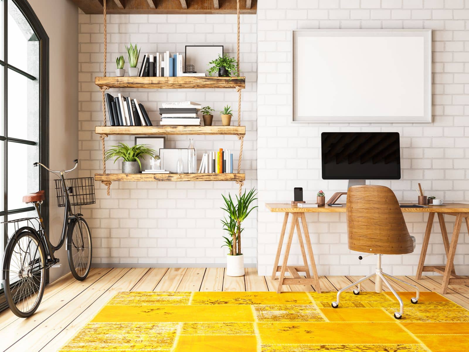 Bureau à domicile modern avec tapis jaune