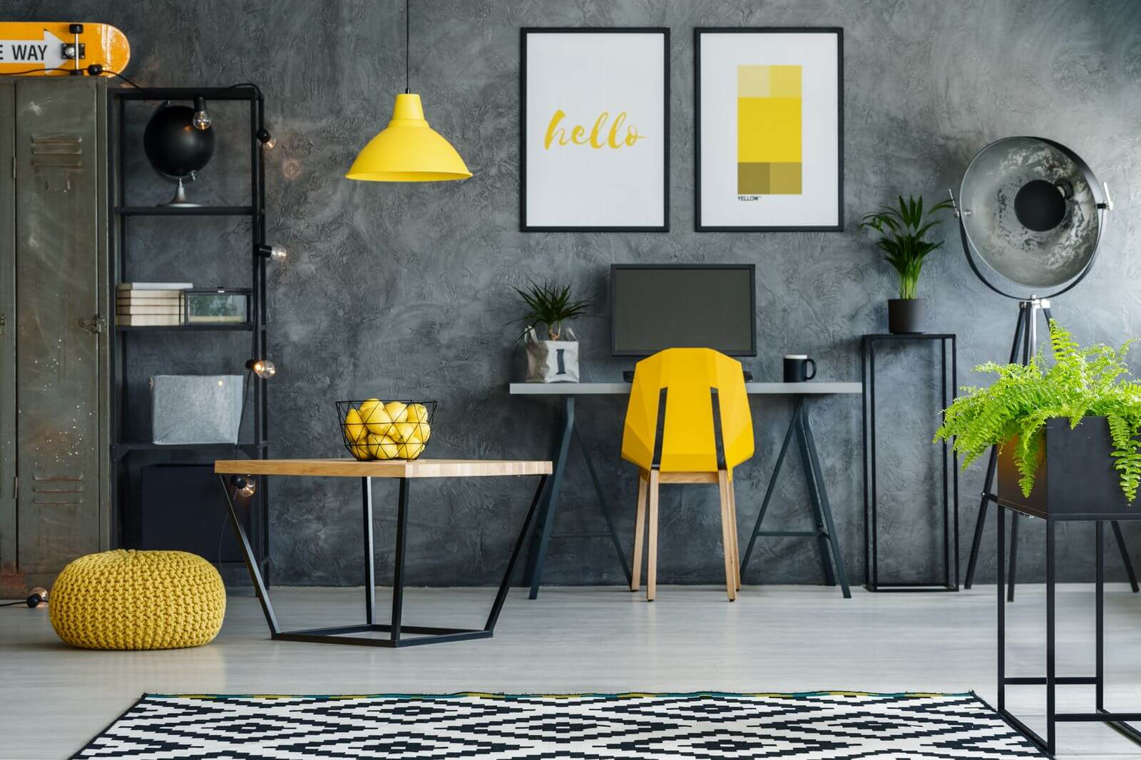 Modern home office with yellow accents
