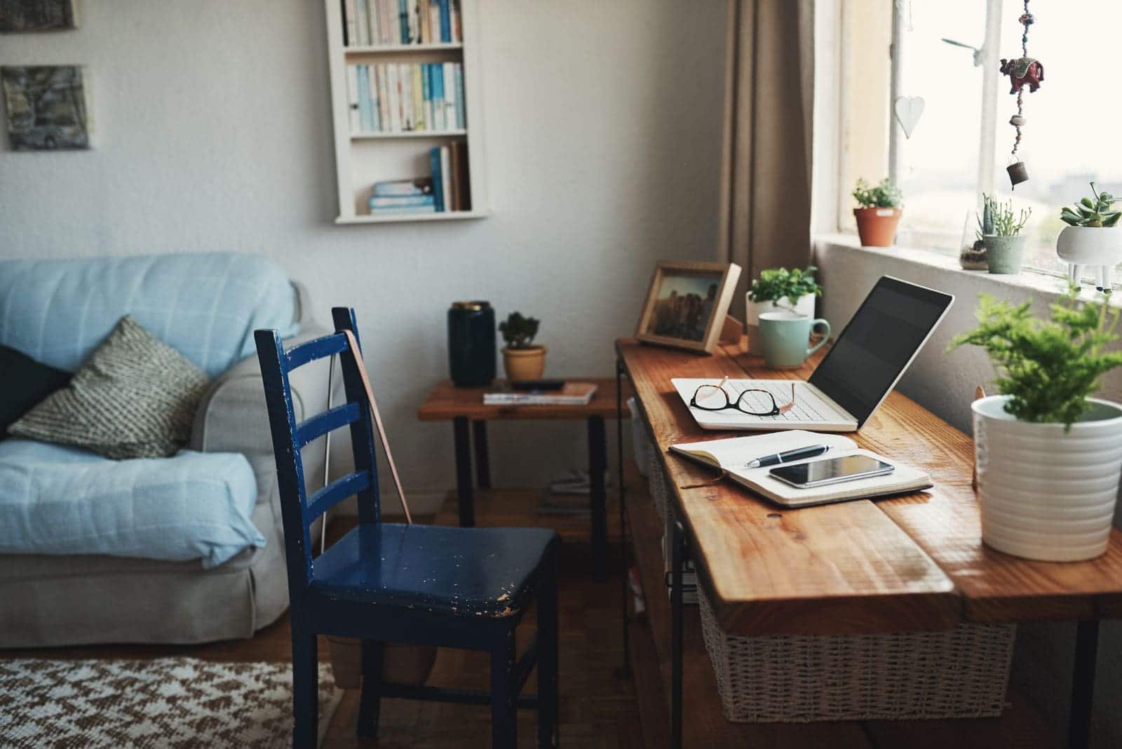 Home office desk in front of window