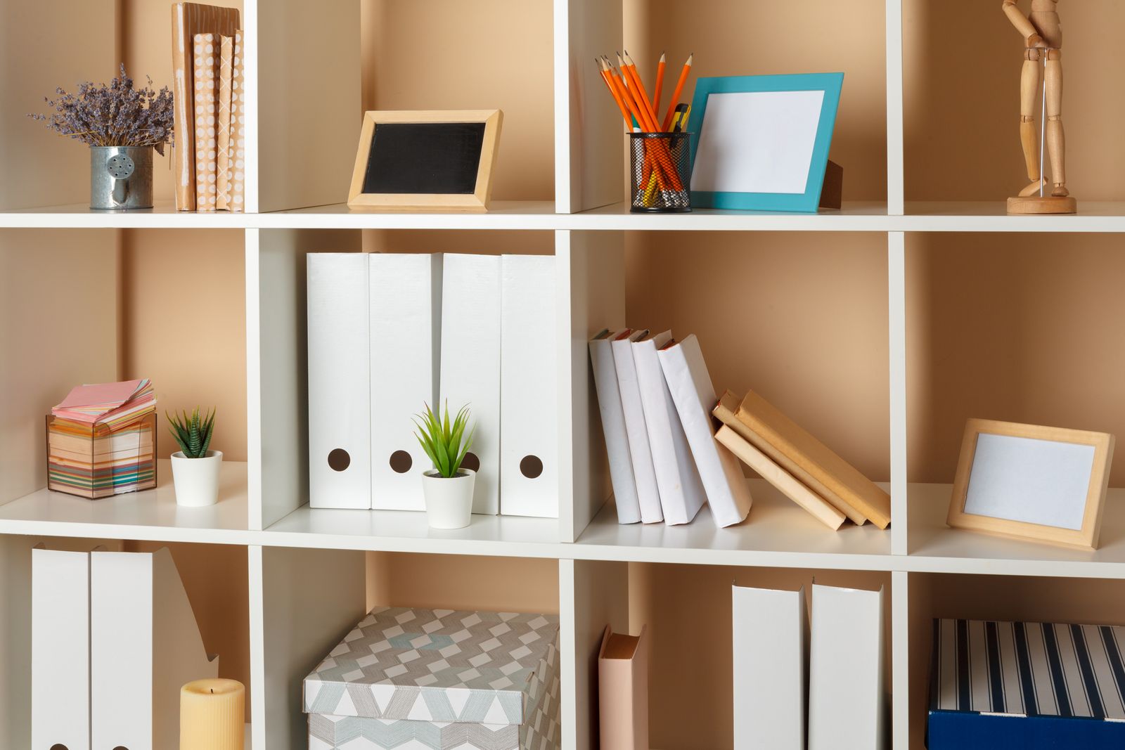 Organized office shelves