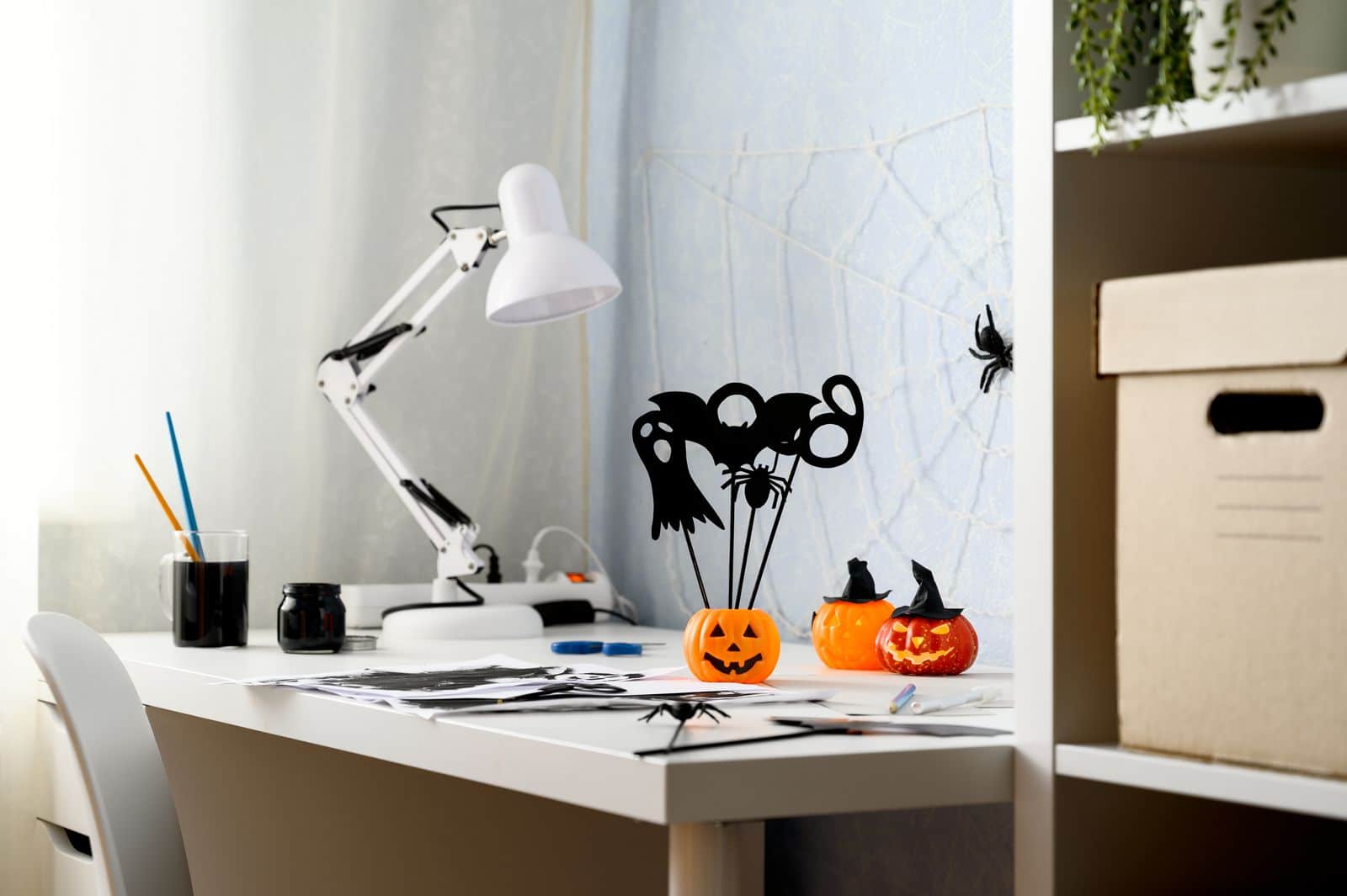 Home office desk with Halloween decorations
