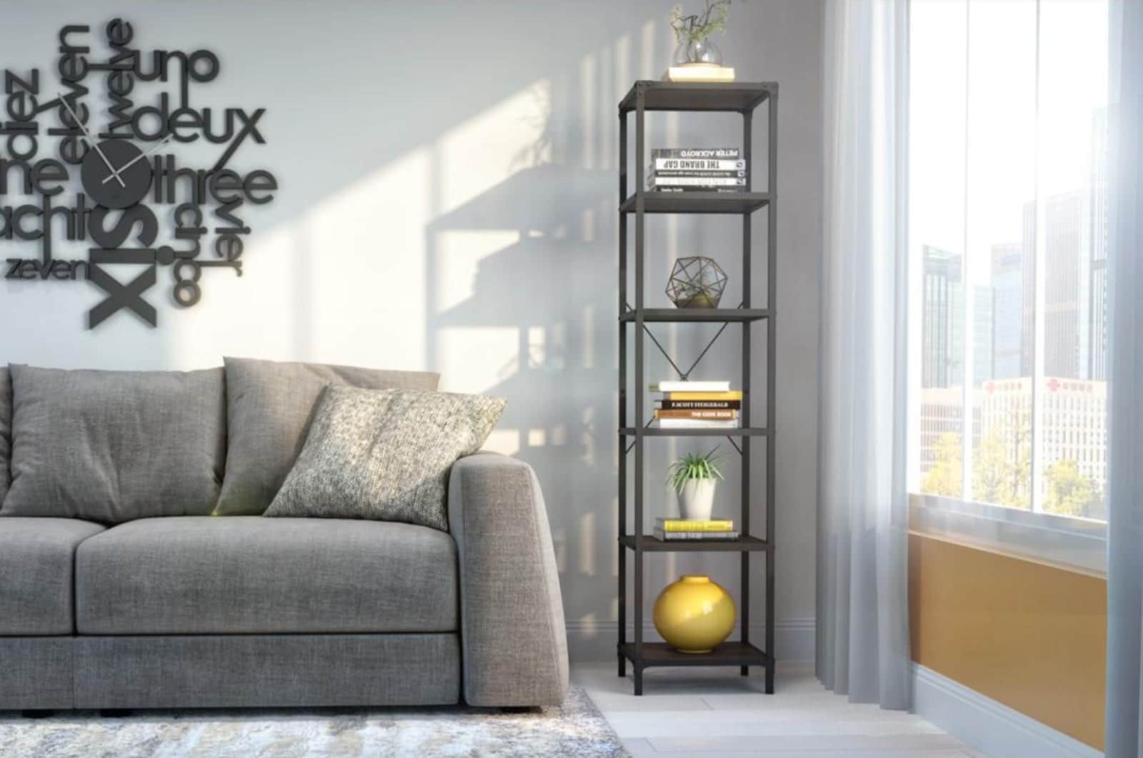 Living room with Bestar narrow shelving unit