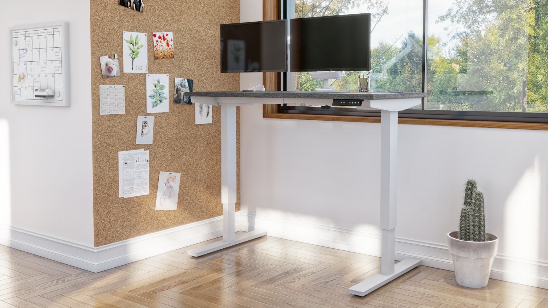 Bureau assis-debout Bestar dans un bureau à domicile lumineux