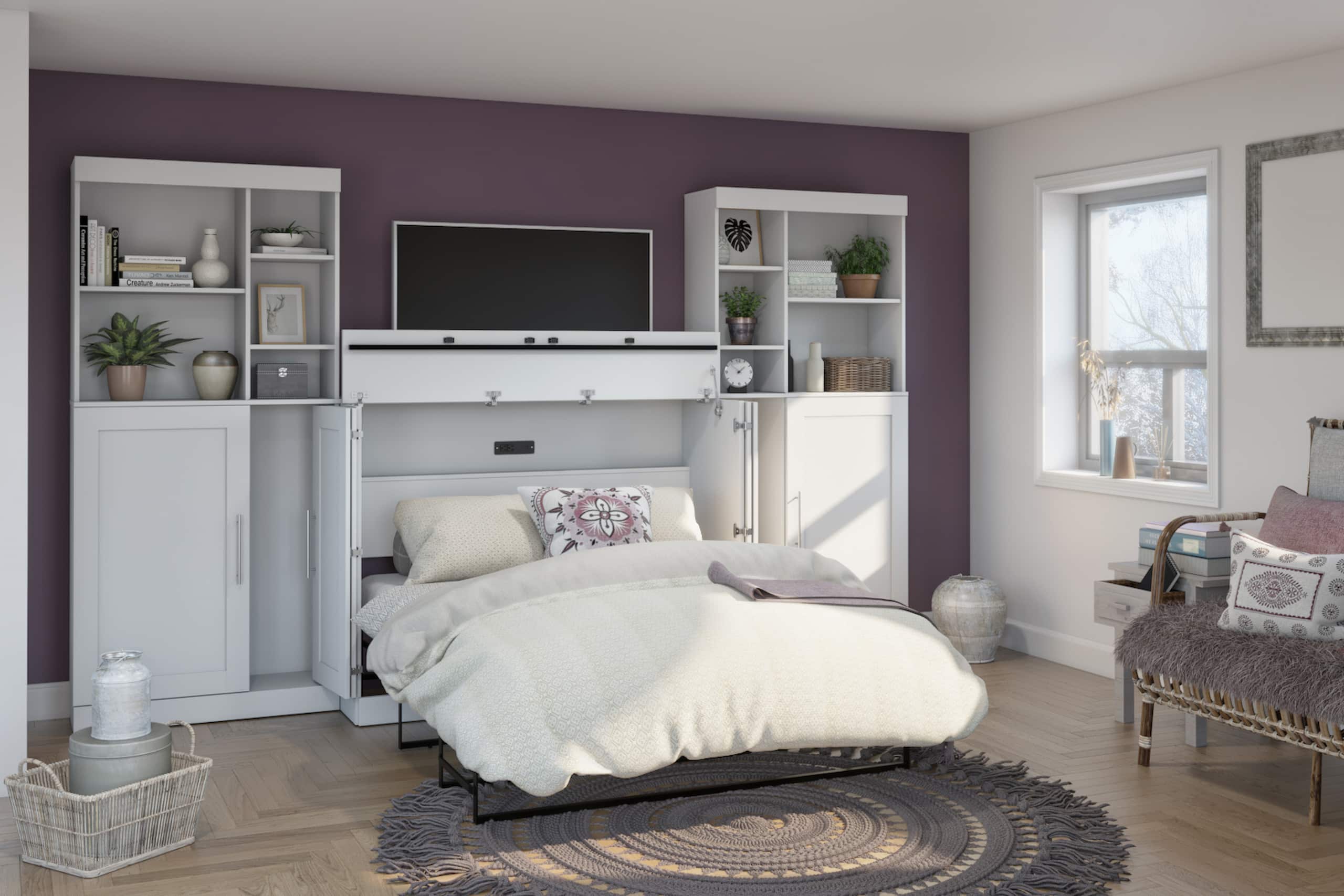 Lit cabinet blanc avec rangement décor violet