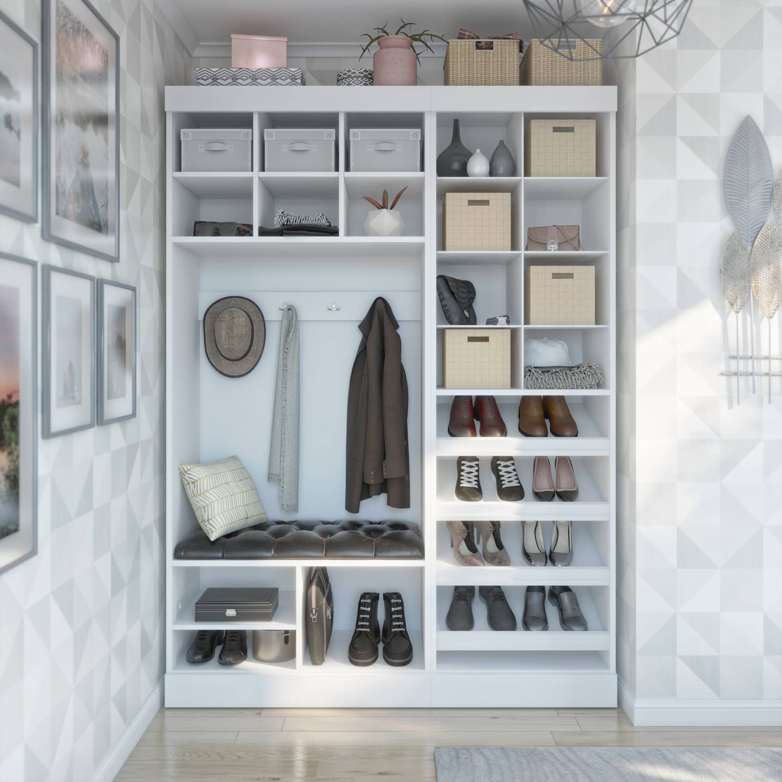 mudroom storage with coats, hooks, and and shoes