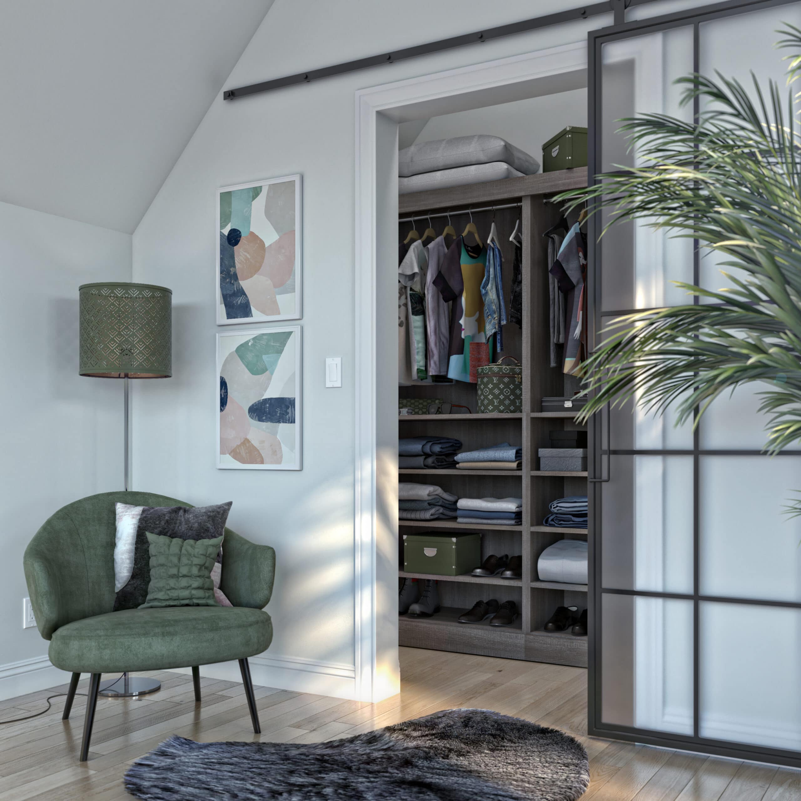 open closet with closet organizer. nice chair, lamp, and painting next to door and tall plant right of closet