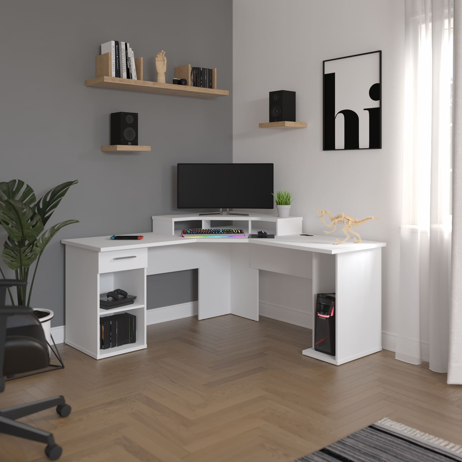 white corner desk with monitor and decorations and grey and white walls