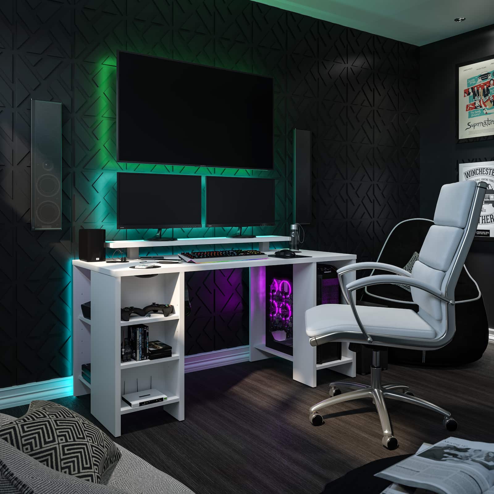 white gaming desk with white chair and led lights