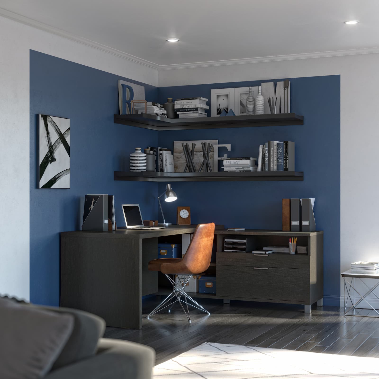 l-shaped desk with credenza in a corner with bookshelves and blue wall