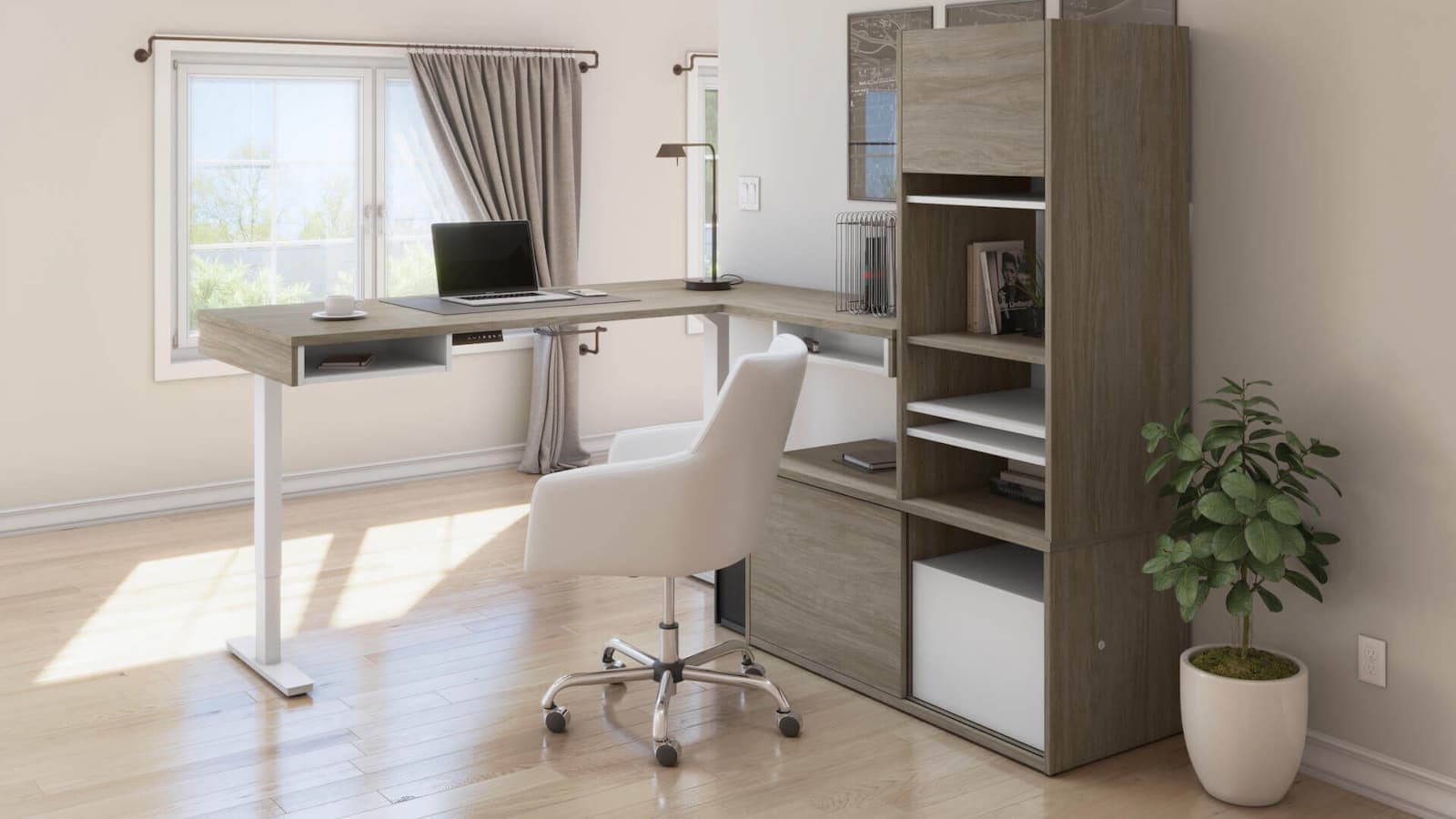 standing l-shaped desk with office furniture storage