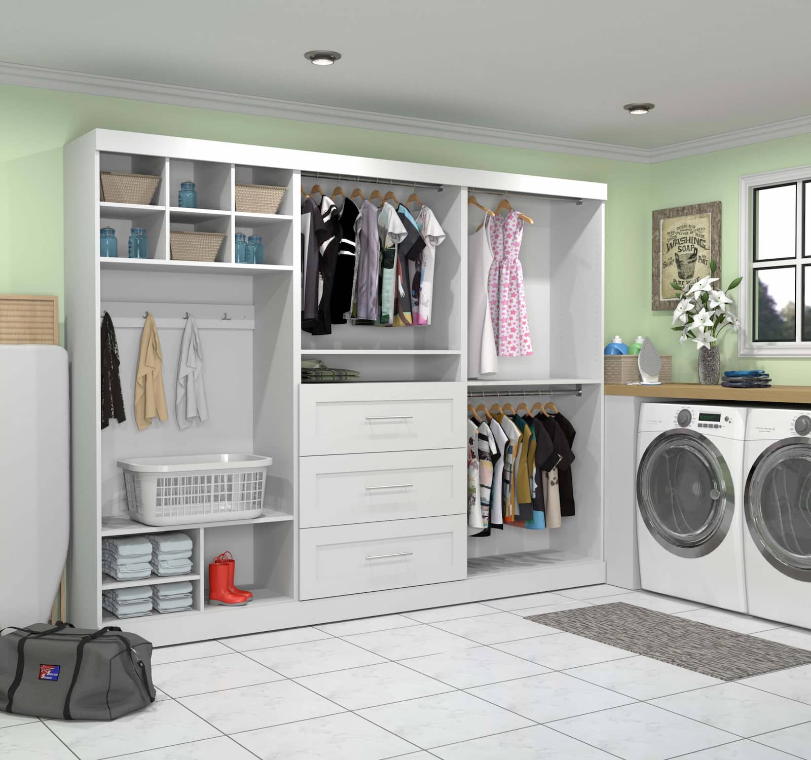 white closet organizer in laundry room with clothes and washer and dryer