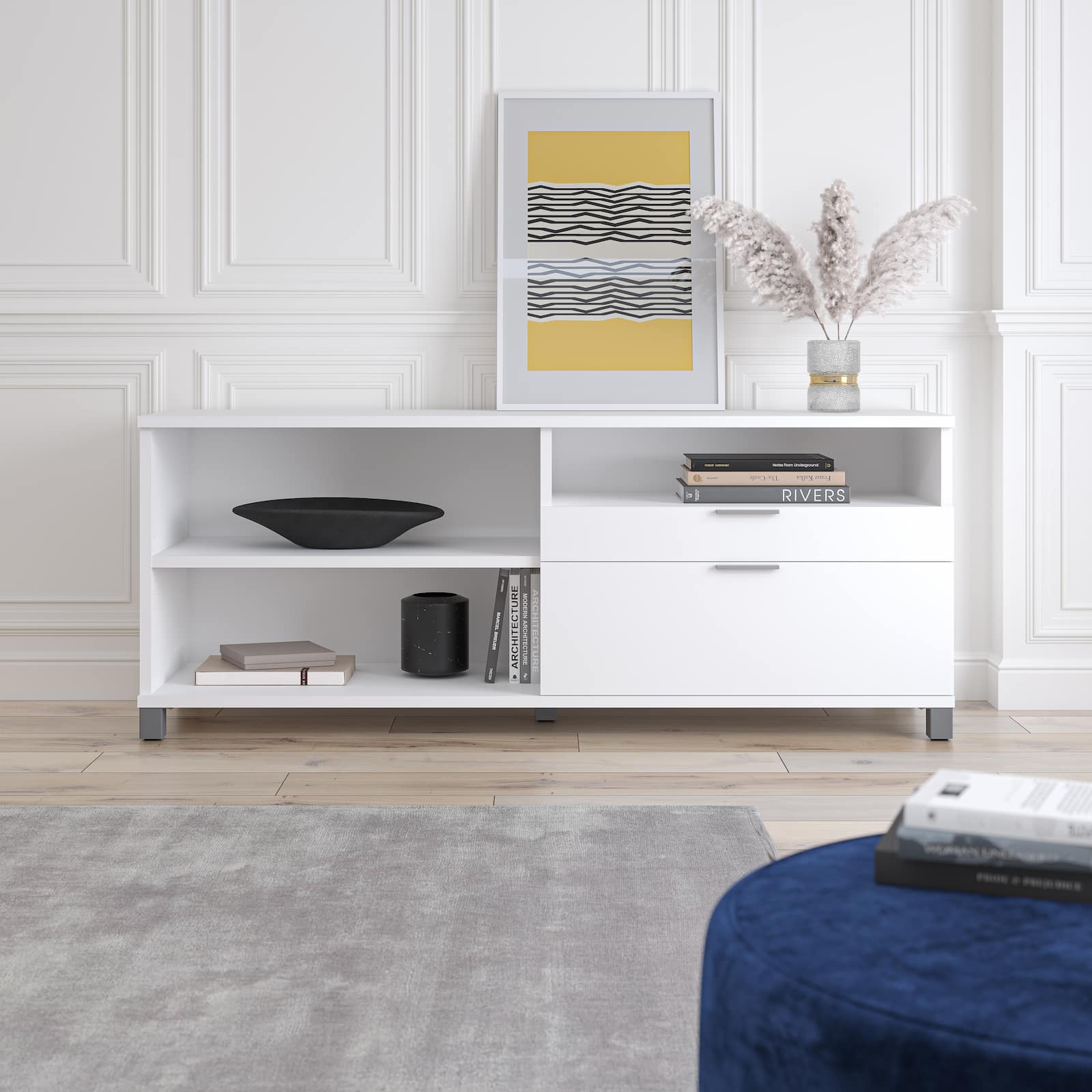 white credenza with decorations