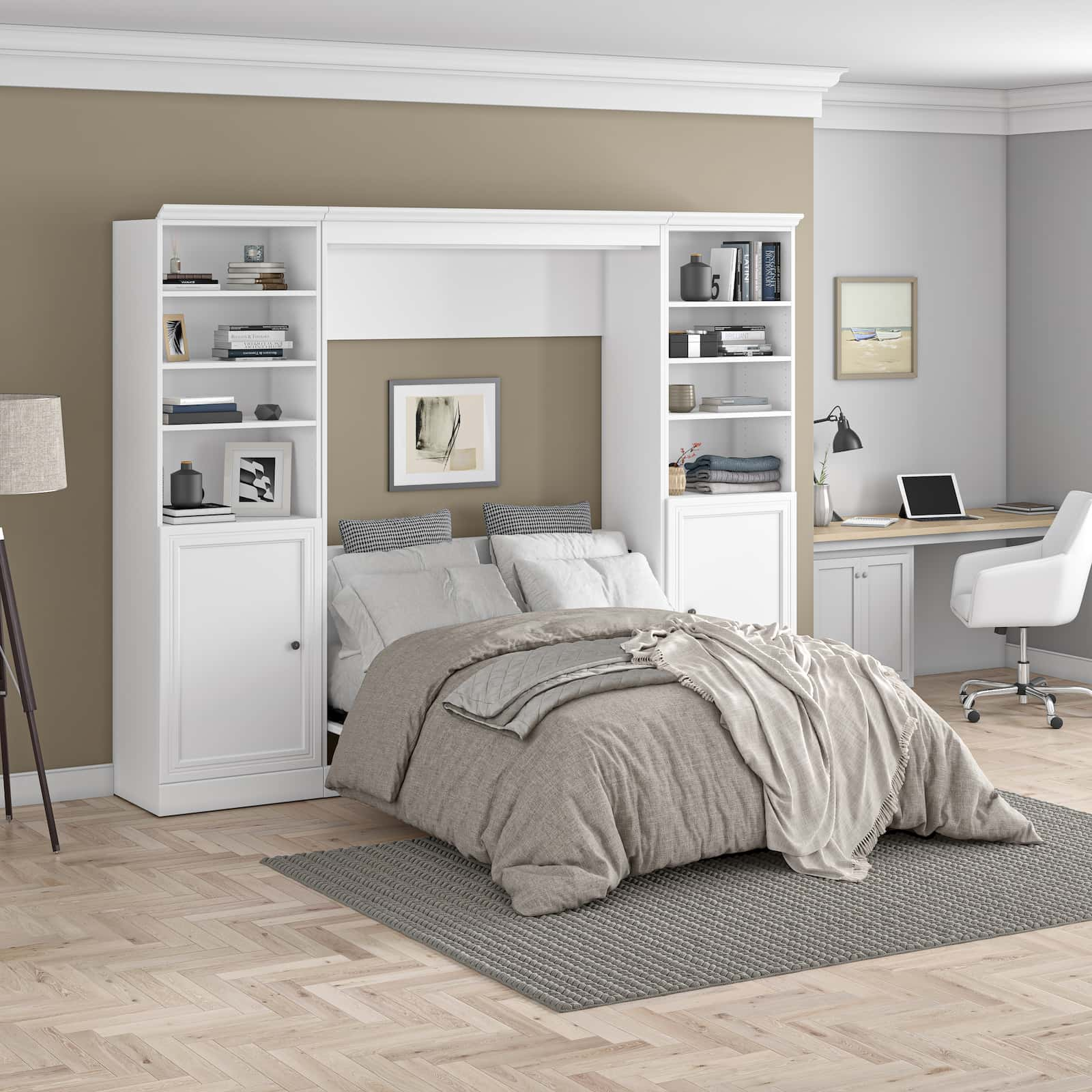 white murphy bed with side shelving units and small office furniture