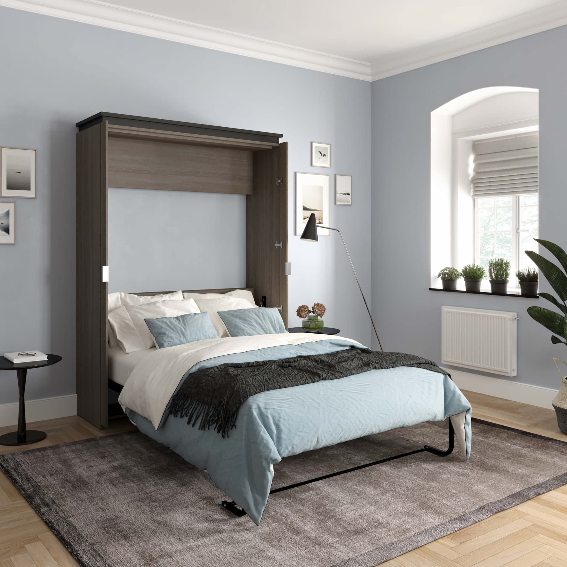 Murphy bed in a blue bedroom