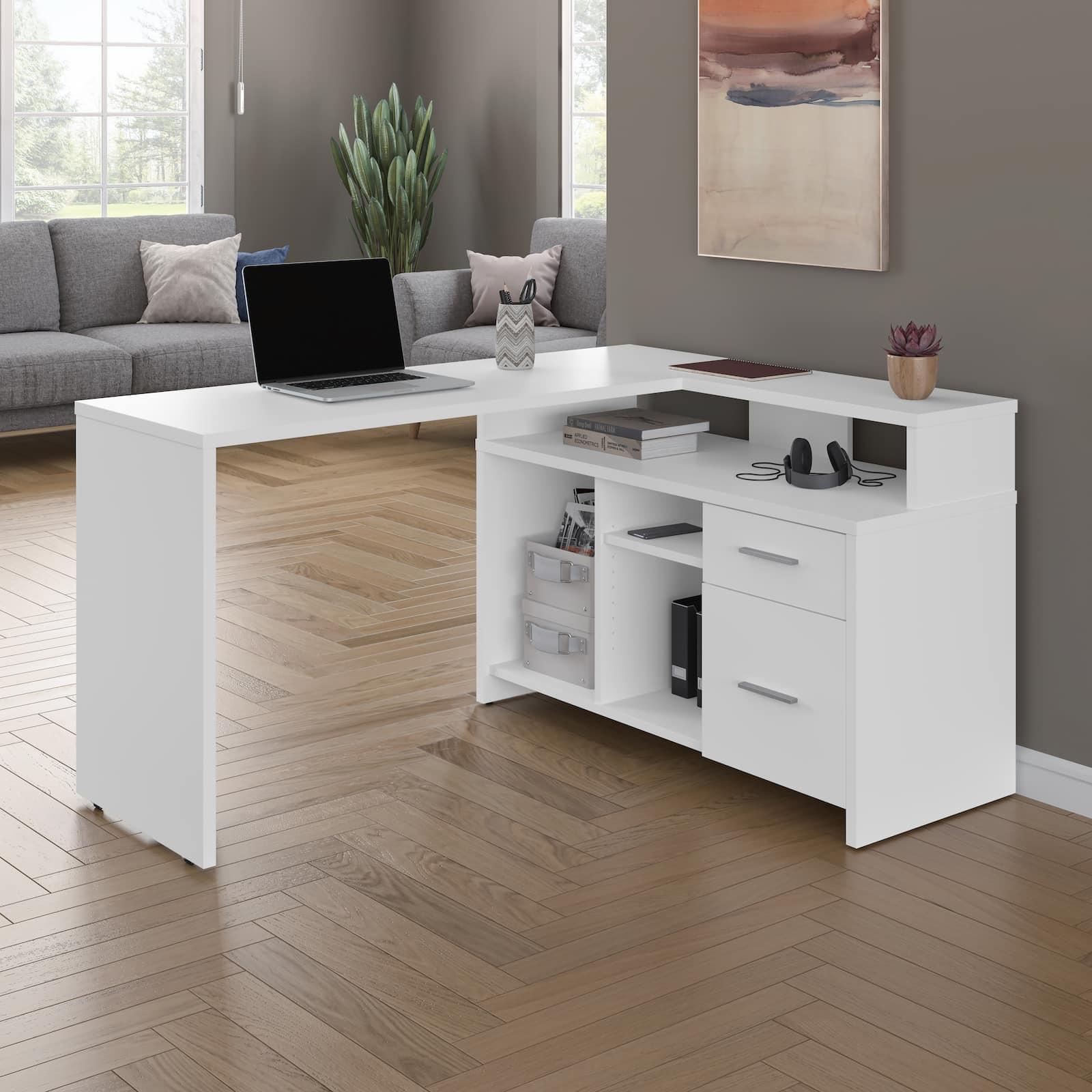 Bureau en L blanc compact avec ordinateur portable