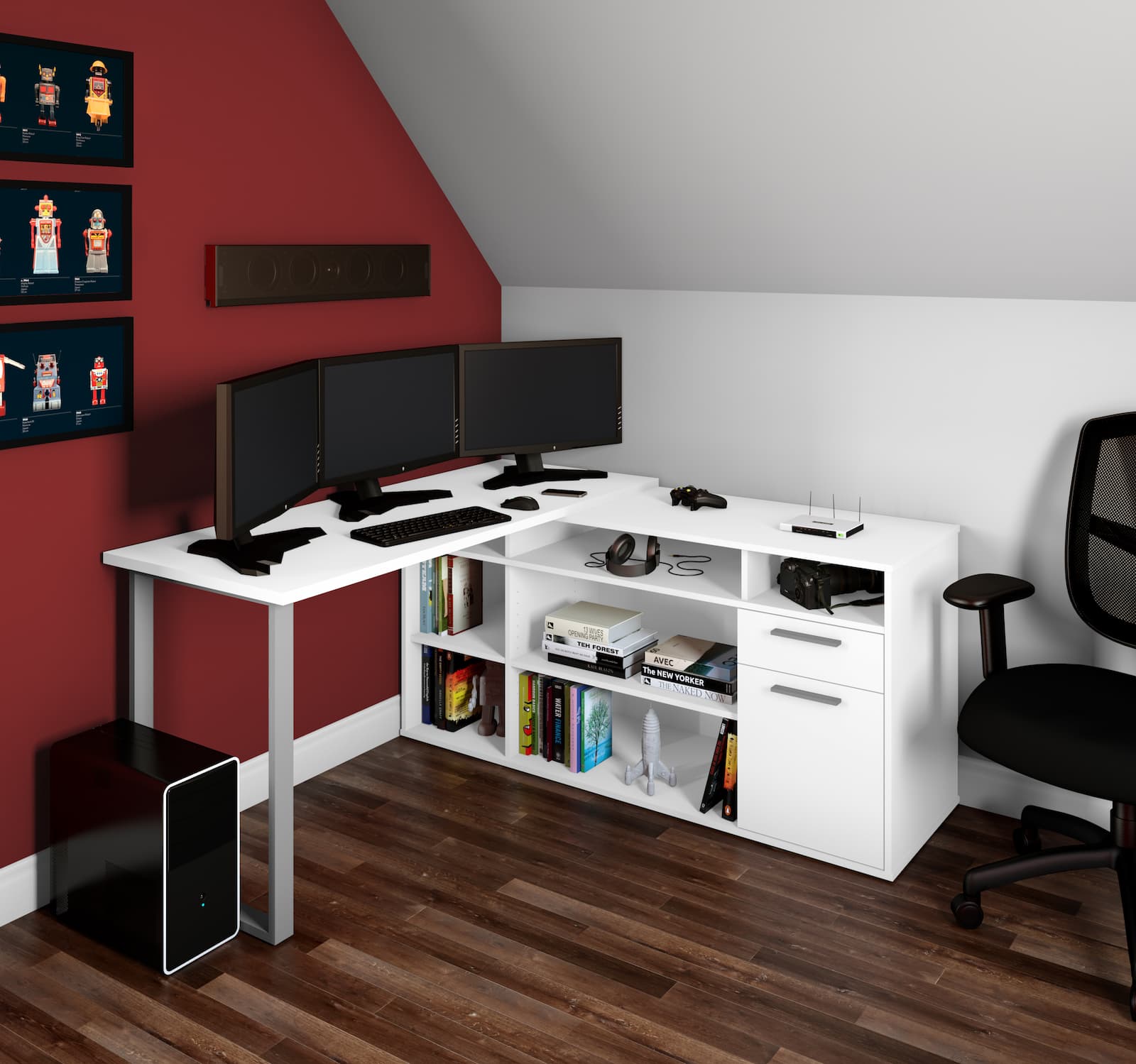 white table credenza and three monitors