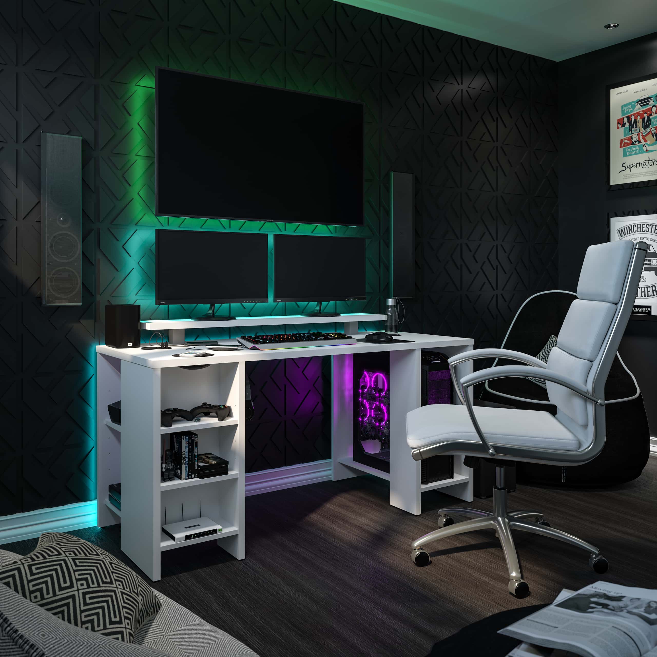 White gaming desk in a modern gaming space