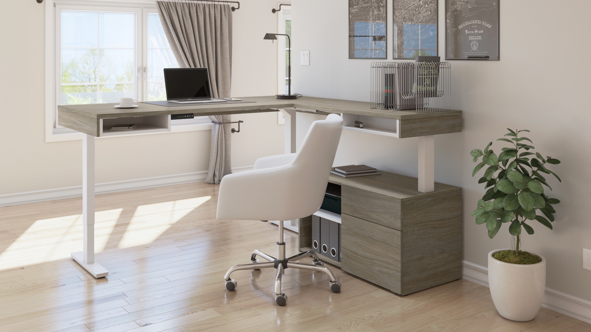 Bestar standing desk with credenza in a bright space