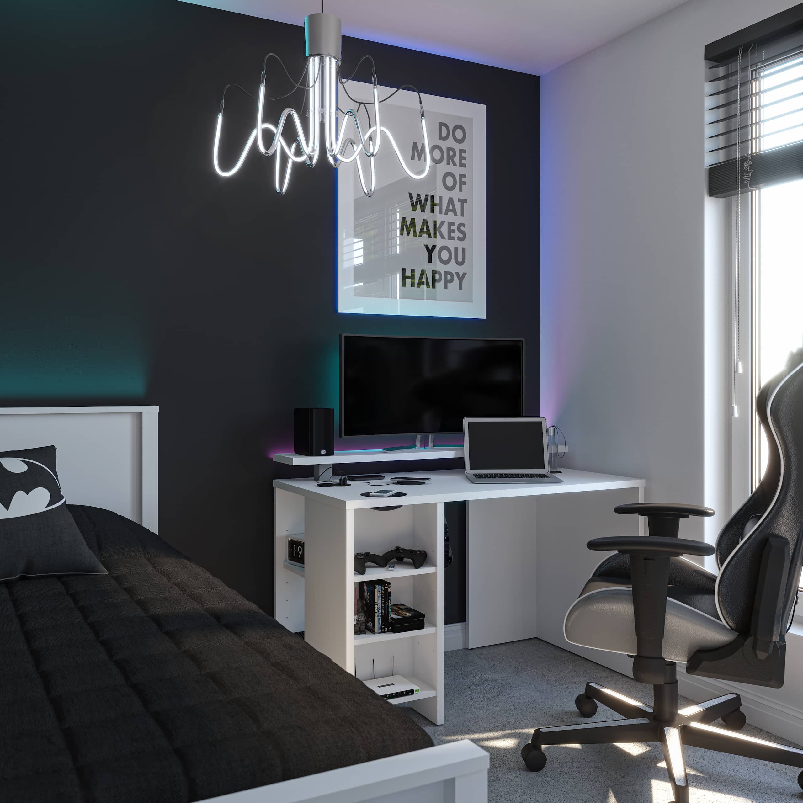 Modern bedroom with a white gaming desk