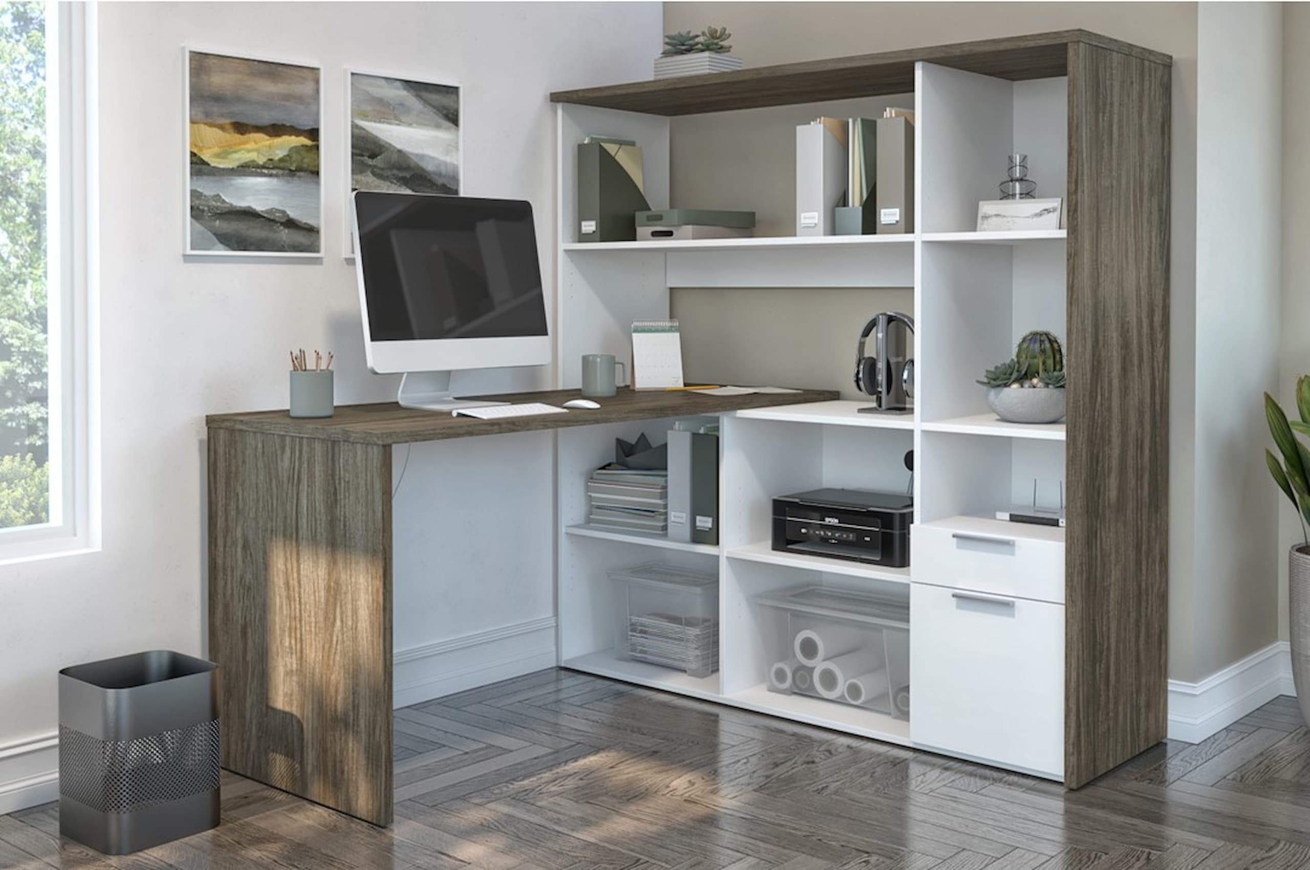 Corner computer desk with built-in storage