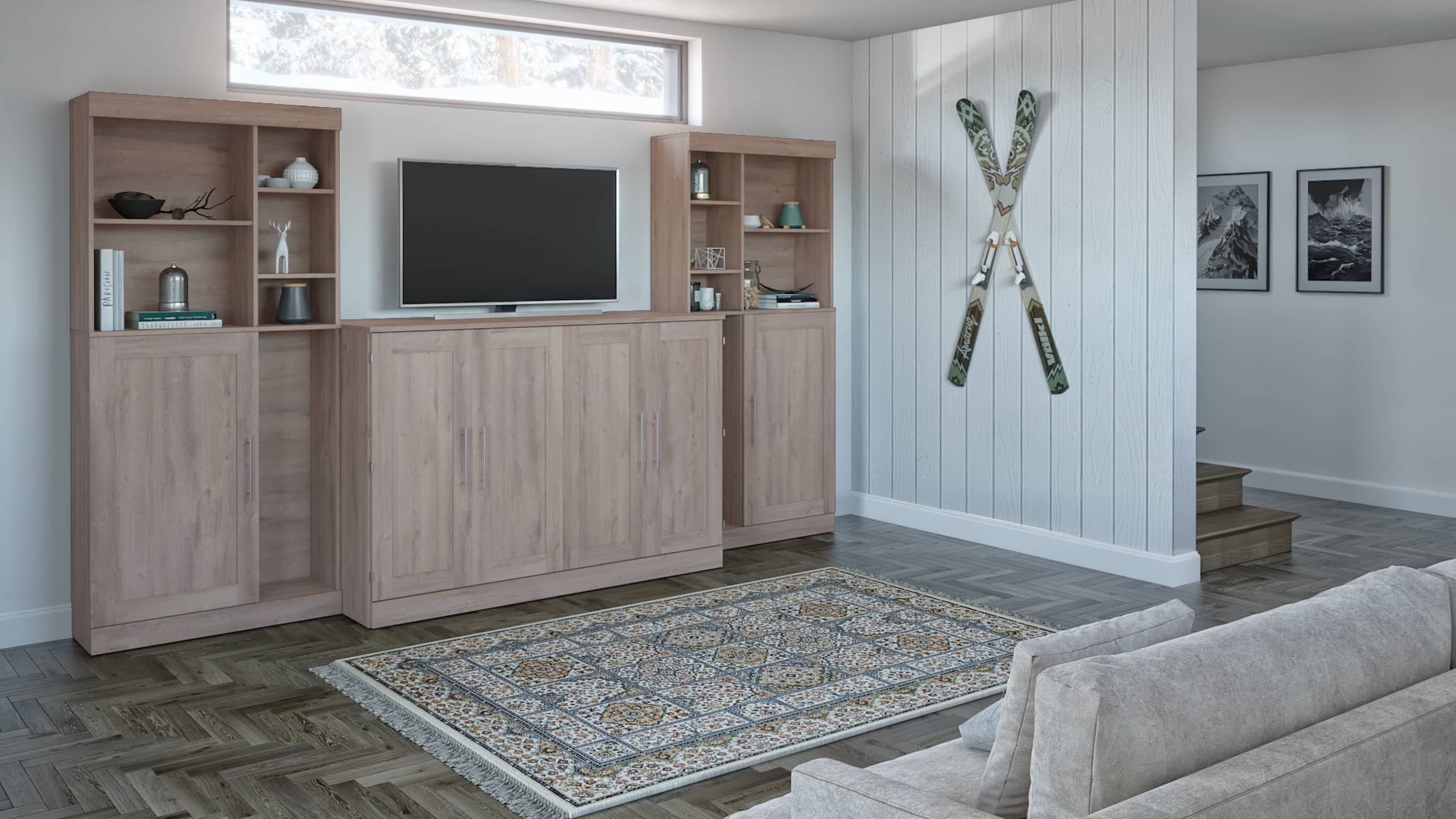 Modern cabinet bed with storage in a living room