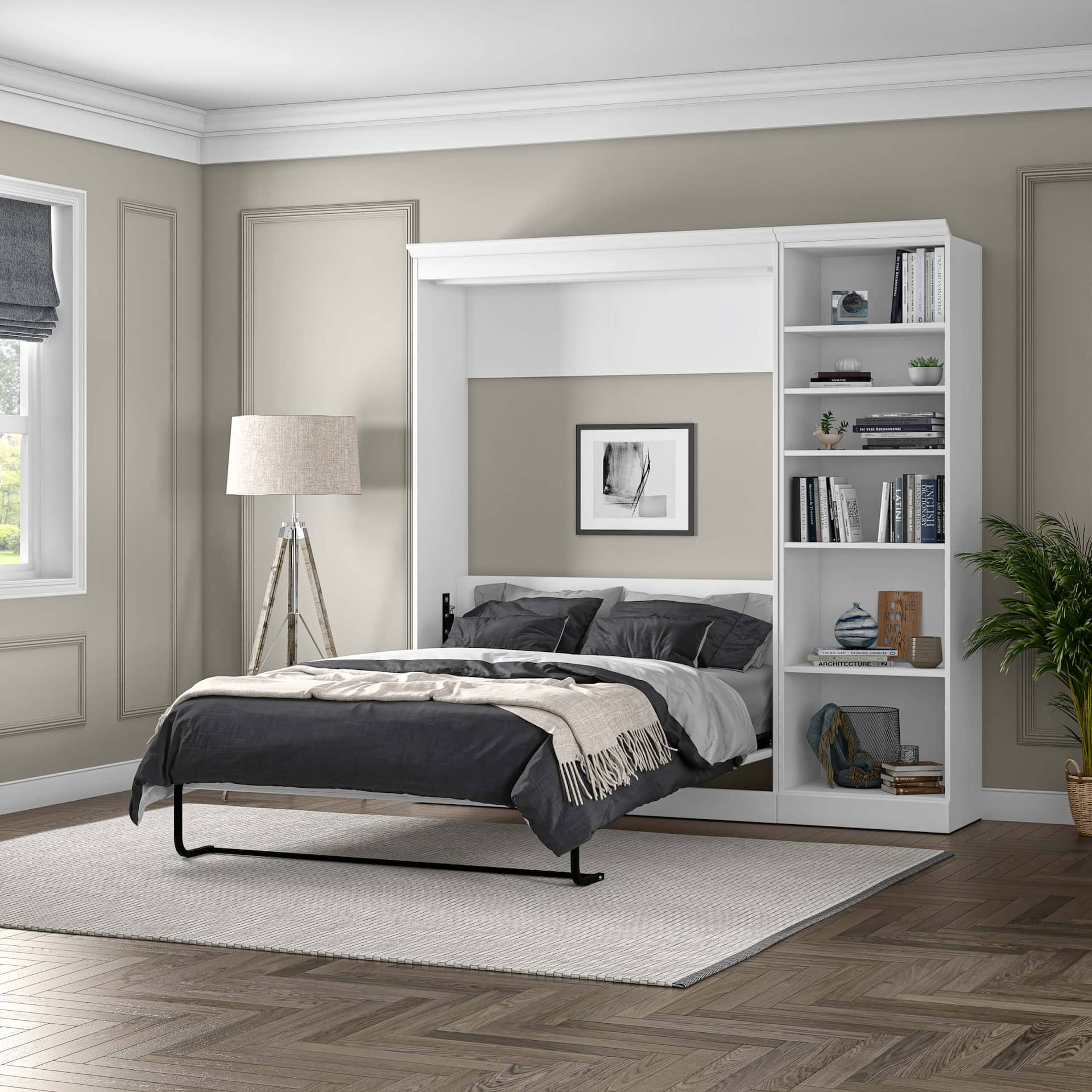 Bestar Murphy bed with storage in a classic decor