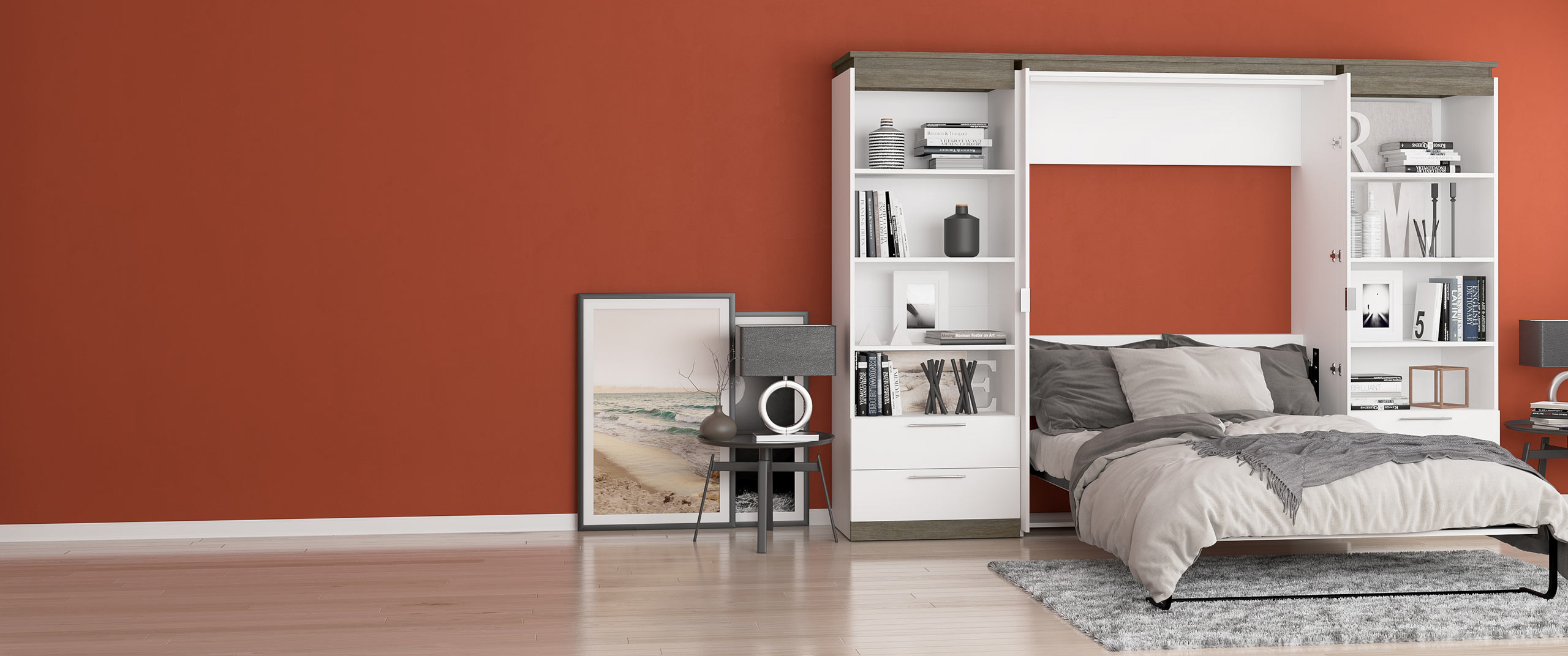 Orion Full Murphy Bed and 2 Shelving Units with Drawers (119W) - Desktop