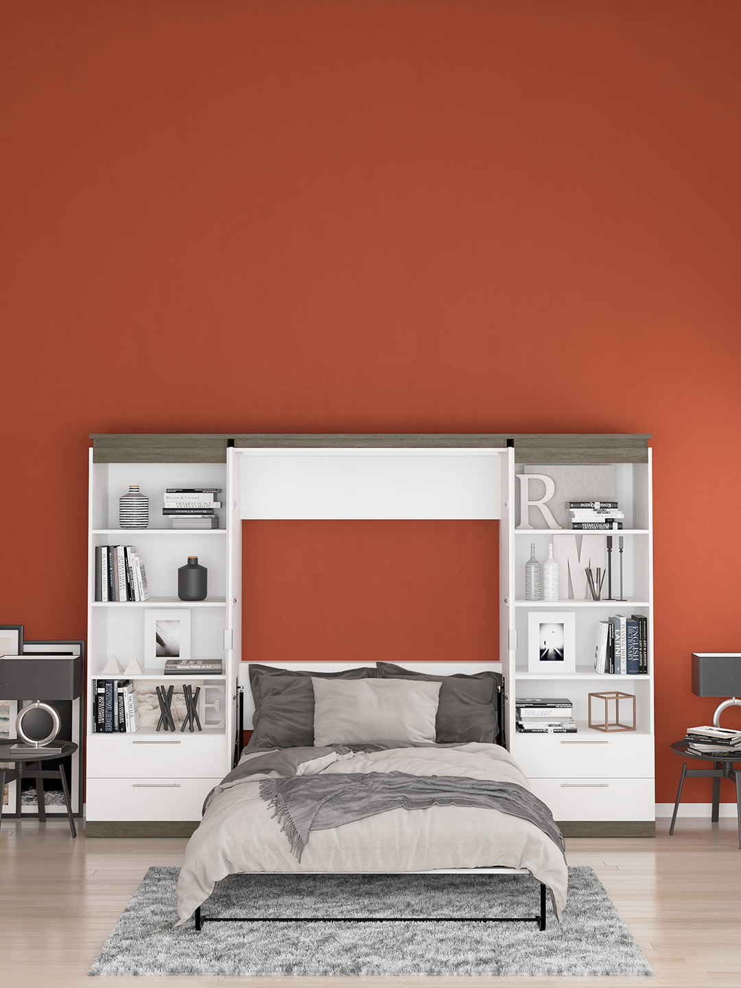 Orion Full Murphy Bed and 2 Shelving Units with Drawers (119W) - Mobile