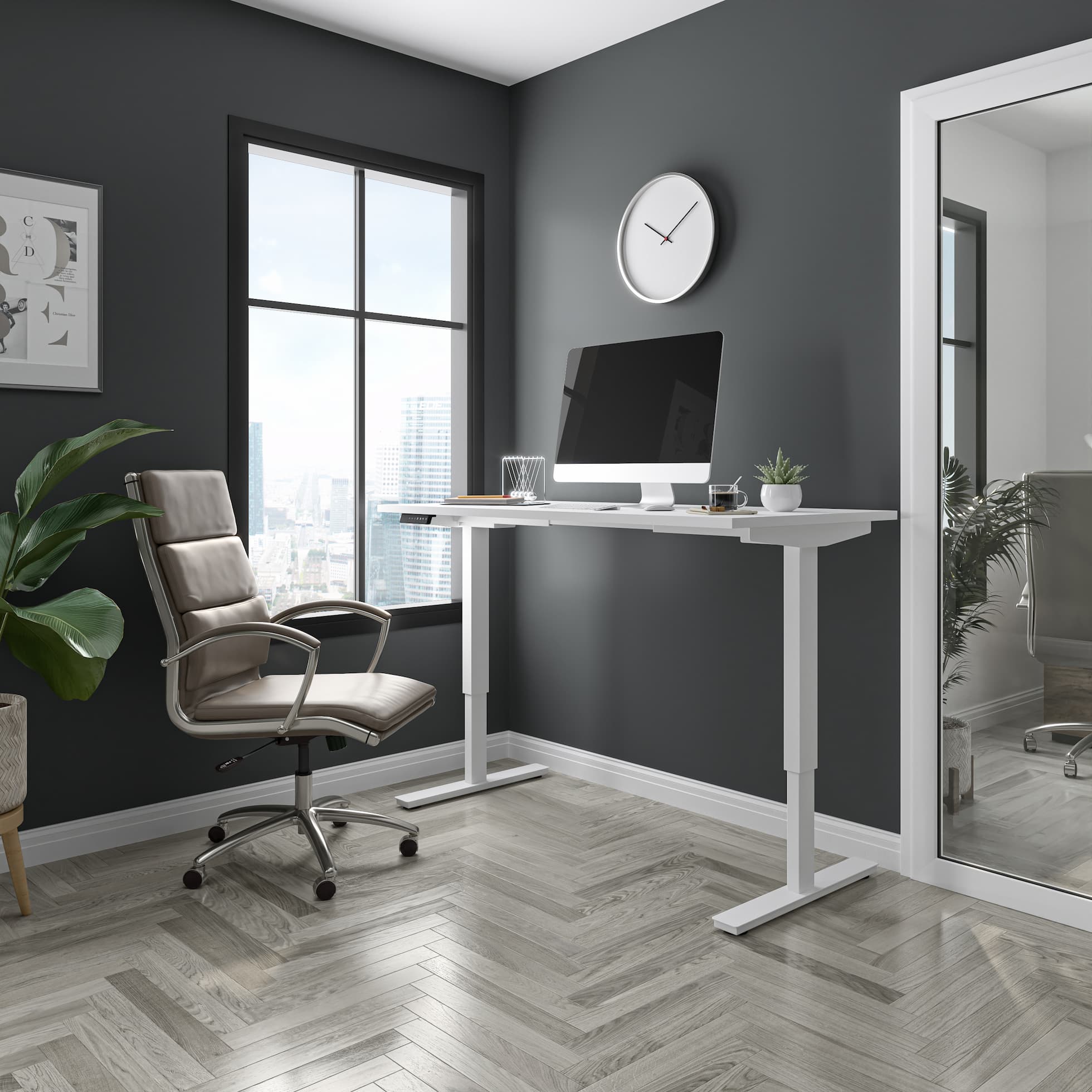 Lieu De Travail De Bureau à Domicile Ensoleillé Avec Fond De Vue Sur La  Ville Depuis La Fenêtre Avec Chaise Roulante à Rideau Rose Et Table En Bois  De Tasse De Thé Sur Tapis à Carreaux Et Fond De Mur En Béton Rendu 3d