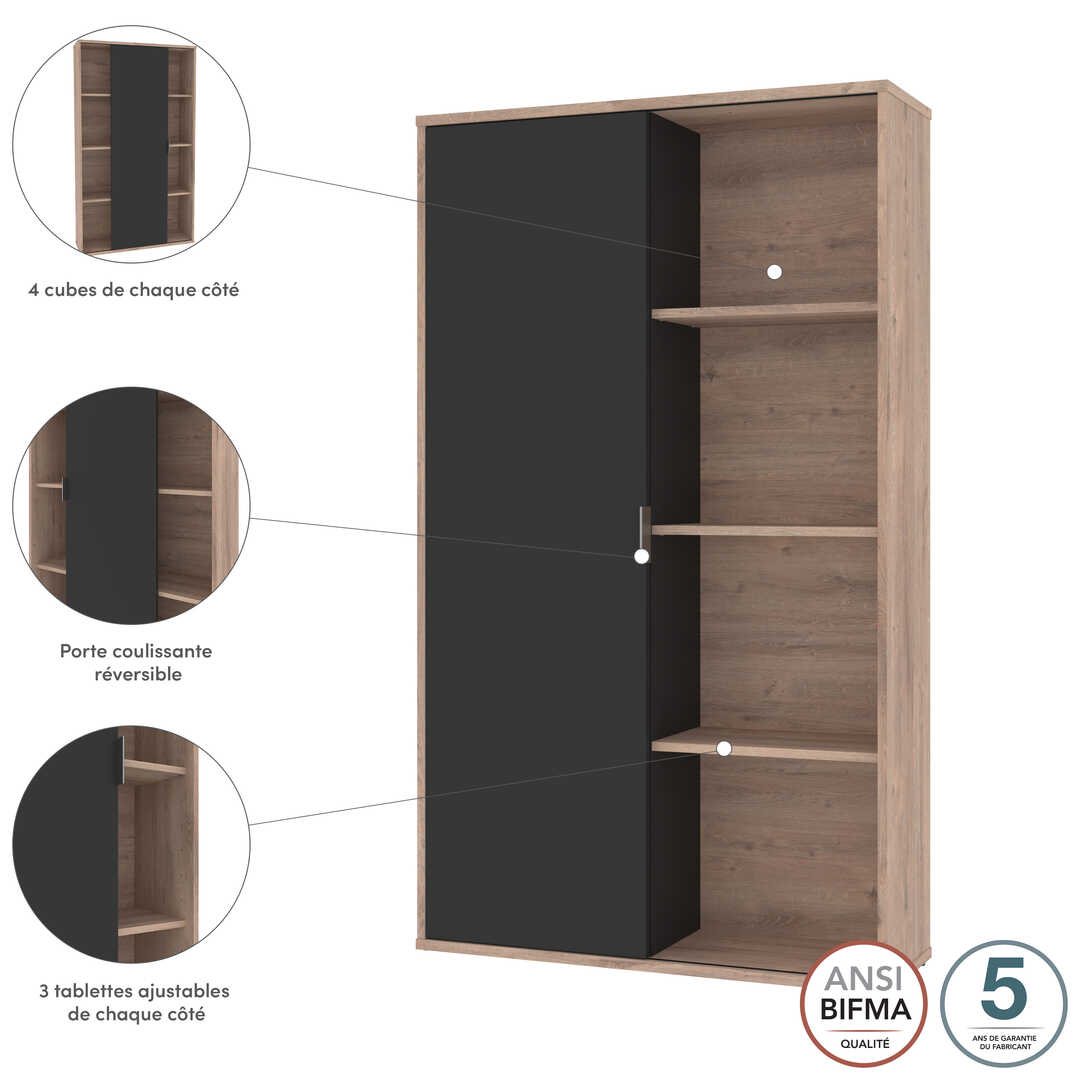 Armoire étagère portes coulissantes et réversibles pour bureau