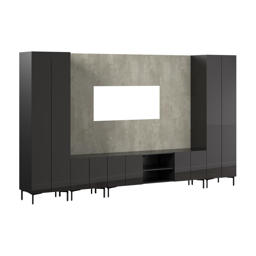 Centre de divertissement modulaire avec meuble télé, armoire, grandes armoires et grand panneau mural, 141L