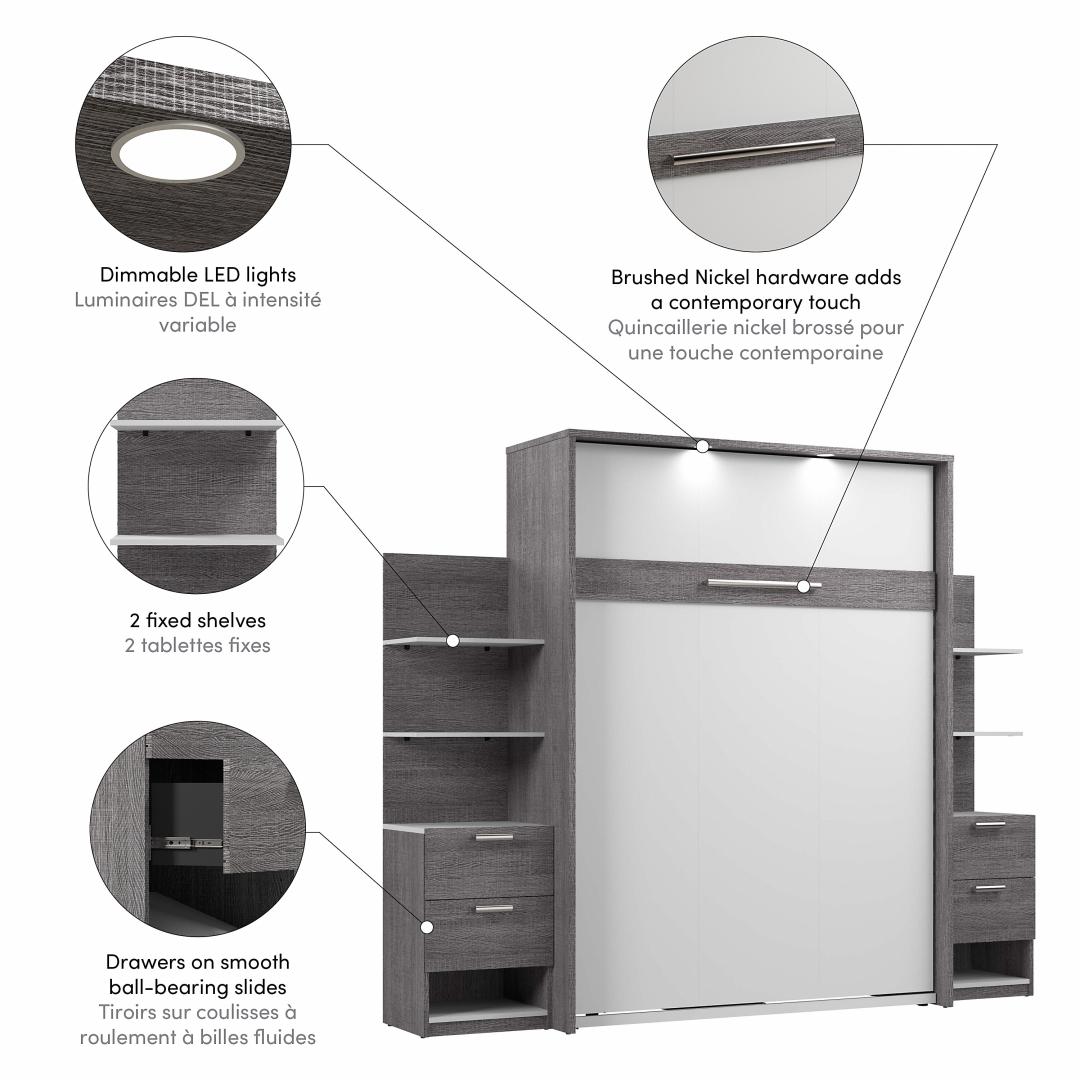 Bestar Grand lit escamotable 92L et étagère avec table de chevet