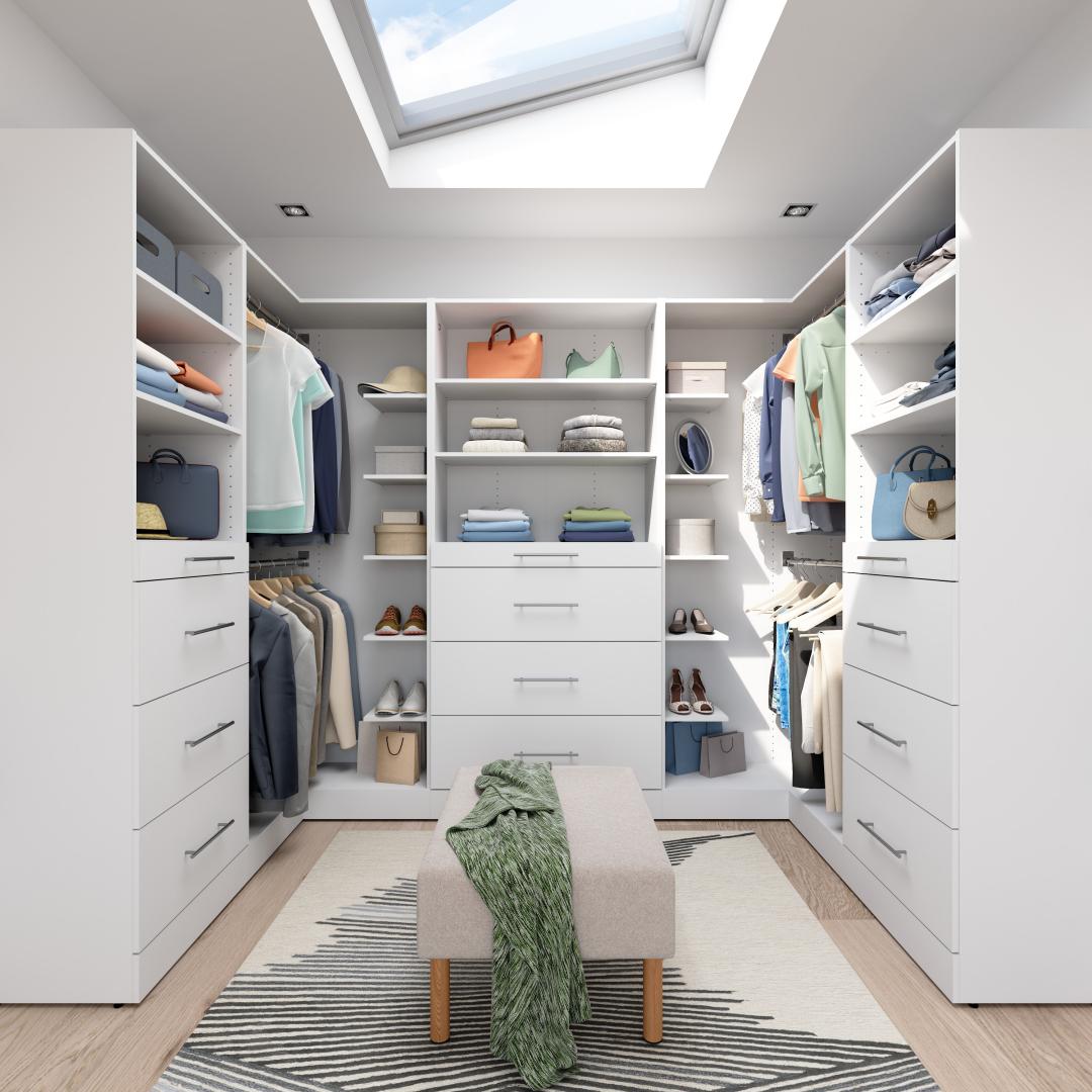 Système de rangement modulaire en U avec tringles, tablettes & tiroirs, Style épuré, 105L x 61P