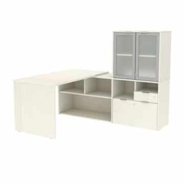 Bureau en L avec huche munie de portes en verre givré