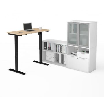 Bureau assis-debout en L 72L et huche avec portes en verre dépoli