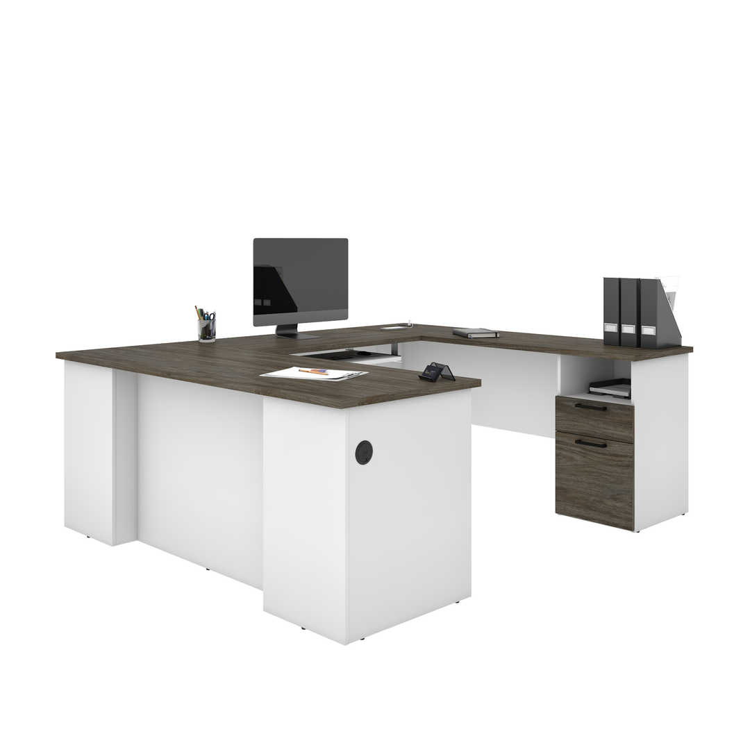 Bureau Omaha D135, avec tiroirs, étagère à clavier, 77x125x55cm, pin blanchi, Pourpre