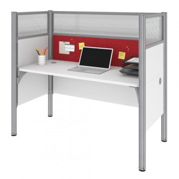 Single Office Cubicle with Red Tack Board and High Privacy Panels