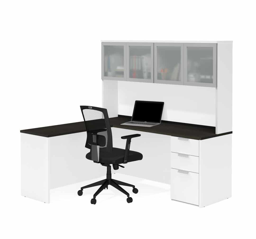 72W L-Shaped Desk with Pedestal and Frosted Glass Doors Hutch