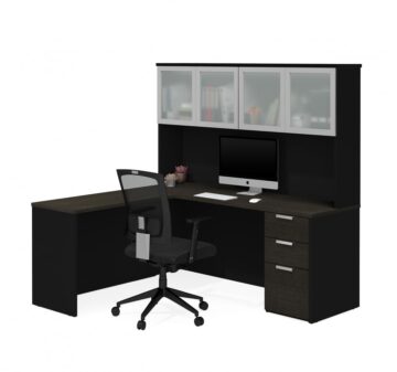 Bureau en L avec caisson et huche munie de portes en verre givré