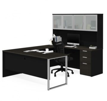 U-Shaped Executive Desk with Pedestal and Frosted Glass Doors Hutch