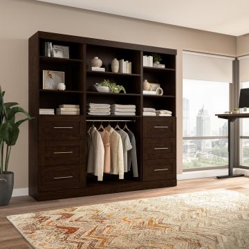 Système de rangement contemporain avec tablettes, tiroirs & tringles, 86L x 19P