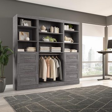 Contemporary Closet System with Shelves, Drawers & Clothing Rods, 86W x 19D