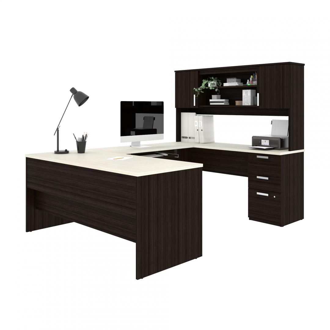 Bureau Omaha D135, avec tiroirs, étagère à clavier, 77x125x55cm, pin blanchi, Pourpre