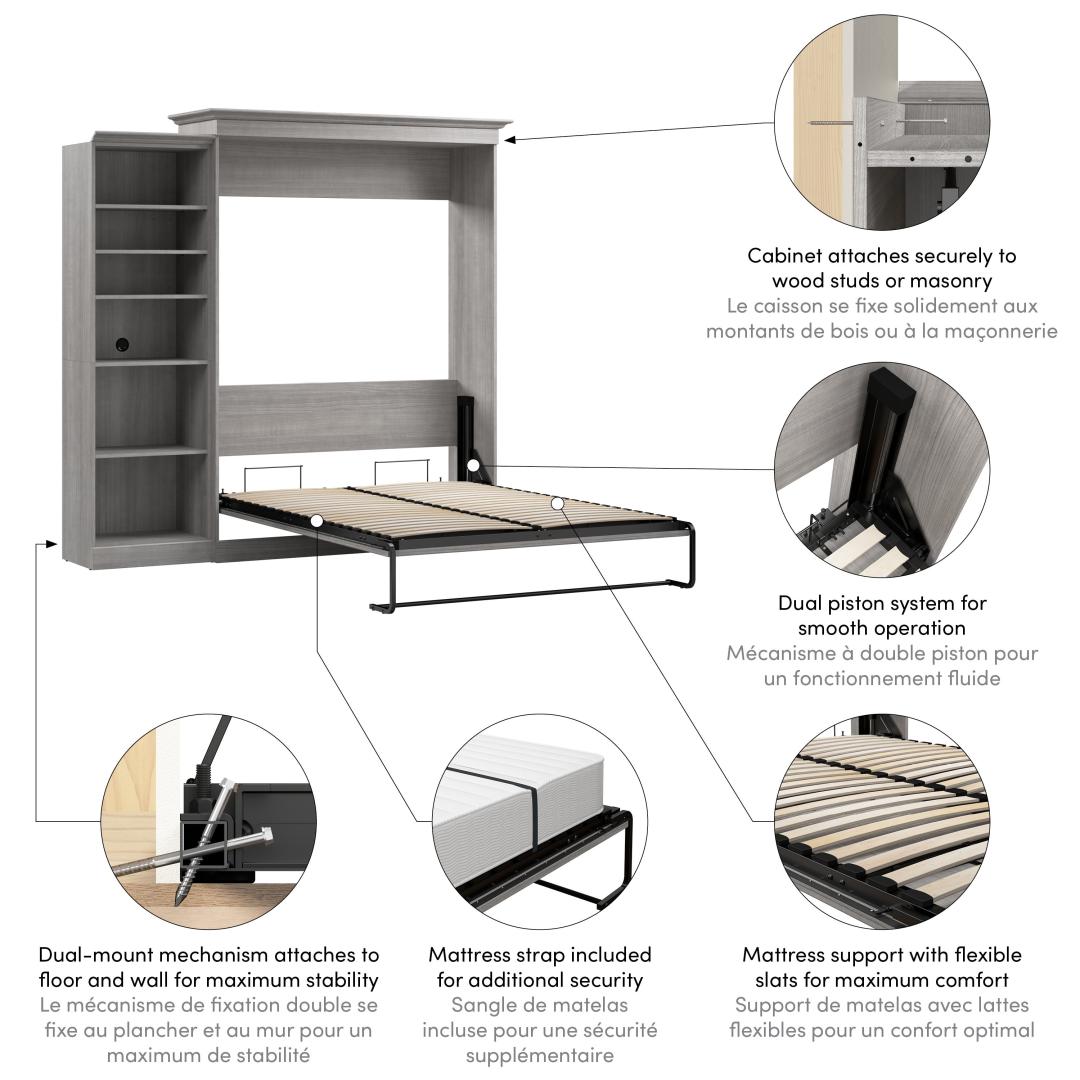 Bestar Grand lit escamotable 92L et étagère avec table de chevet